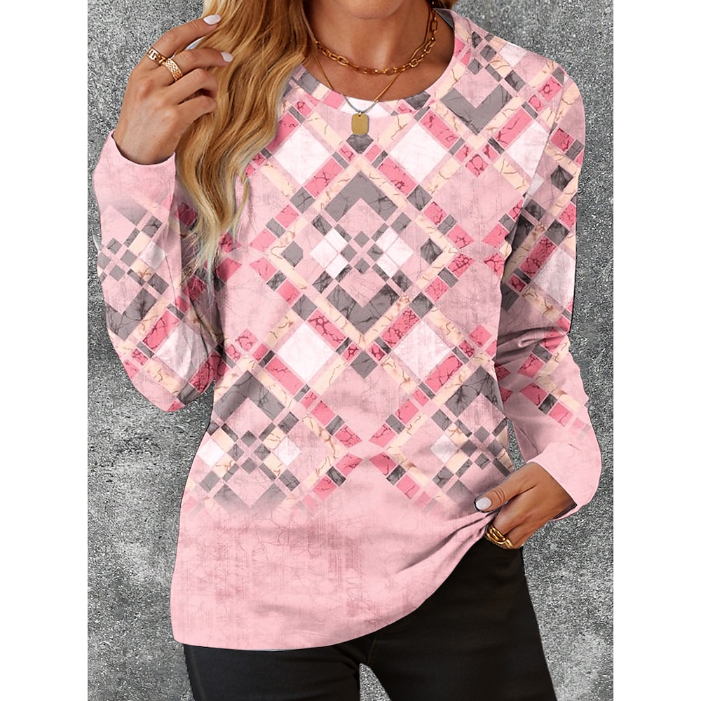 Damen T Shirt Brautkleider schlicht Geometrisch Normale Oberteile Langarm Rundhalsausschnitt Bedruckt Regular Fit Täglich Rosa Frühling Herbst Lightinthebox