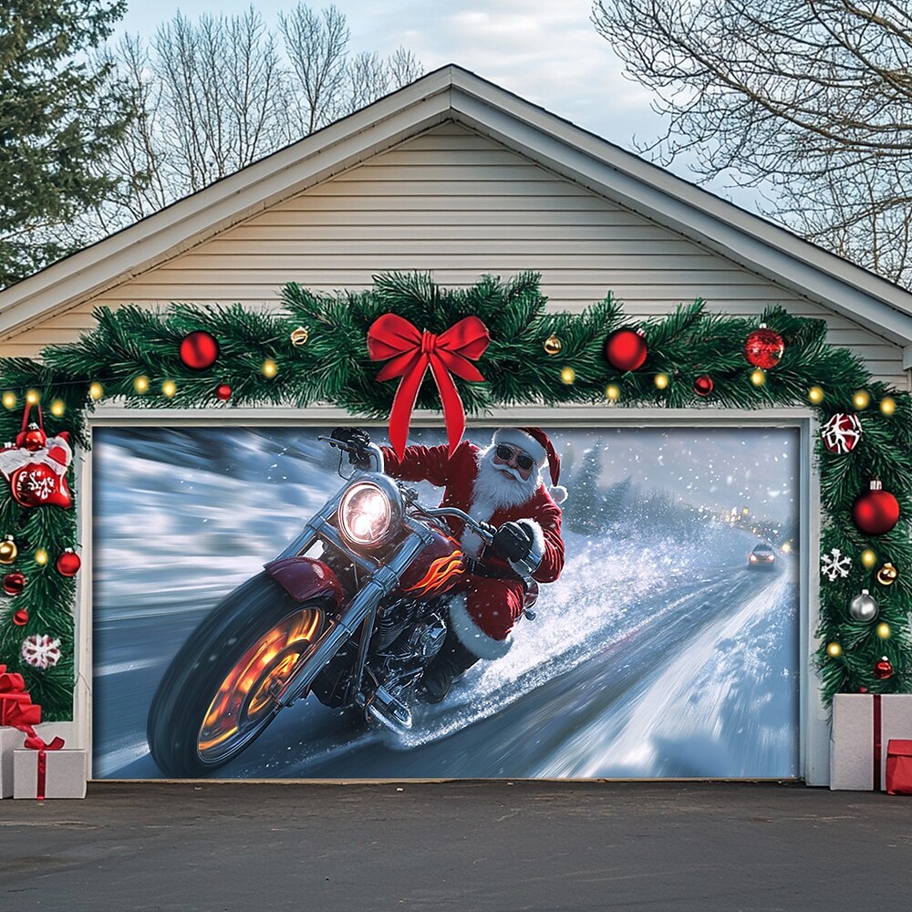 Weihnachts-Garagentorabdeckung für den Außenbereich, Weihnachtsbanner, Weihnachtsmann-Motorrad, große Weihnachtskulisse, Dekoration für den Urlaub, Garagentor für den Außenbereich, Wanddekoration für Lightinthebox