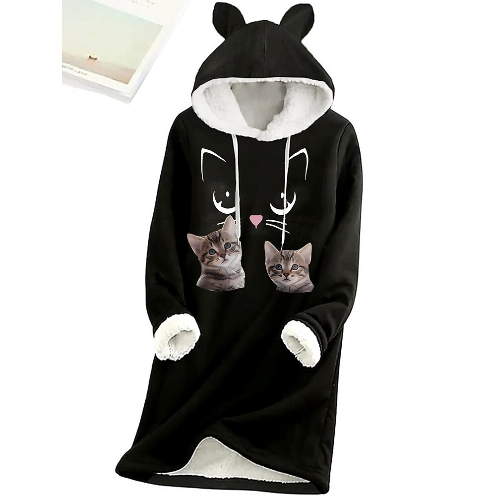 Damen Polyester Innenfutter aus Fleece Katze Bedruckt Mit Kapuze Minikleid Langarm Herbst Winter Lightinthebox