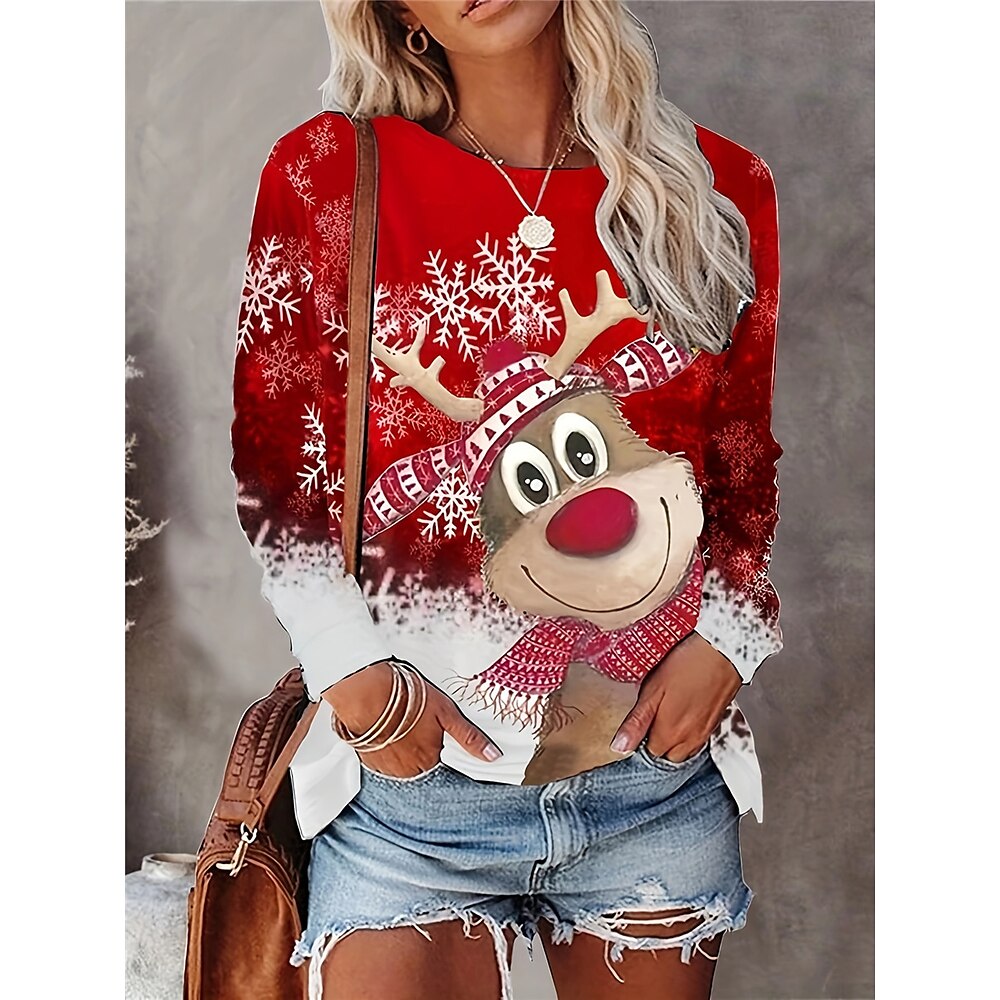 Weihnachts-Sweatshirt für Damen mit Rentier-Schneeflocken-Print, langärmelig, Rundhalsausschnitt, Urlaub, rot-weiß, lässig, festlich, Winterkleidung Lightinthebox