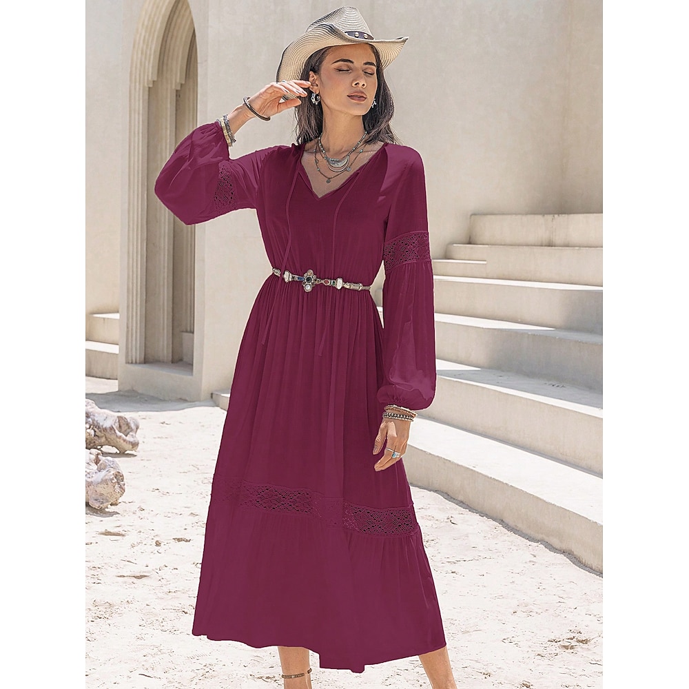 Damen Casual kleid Maxidress Viskose Patchwork Weihnachten Arbeit Verabredung Brautkleider schlicht V Ausschnitt Langarm Puffärmel Rosenrot Farbe Lightinthebox