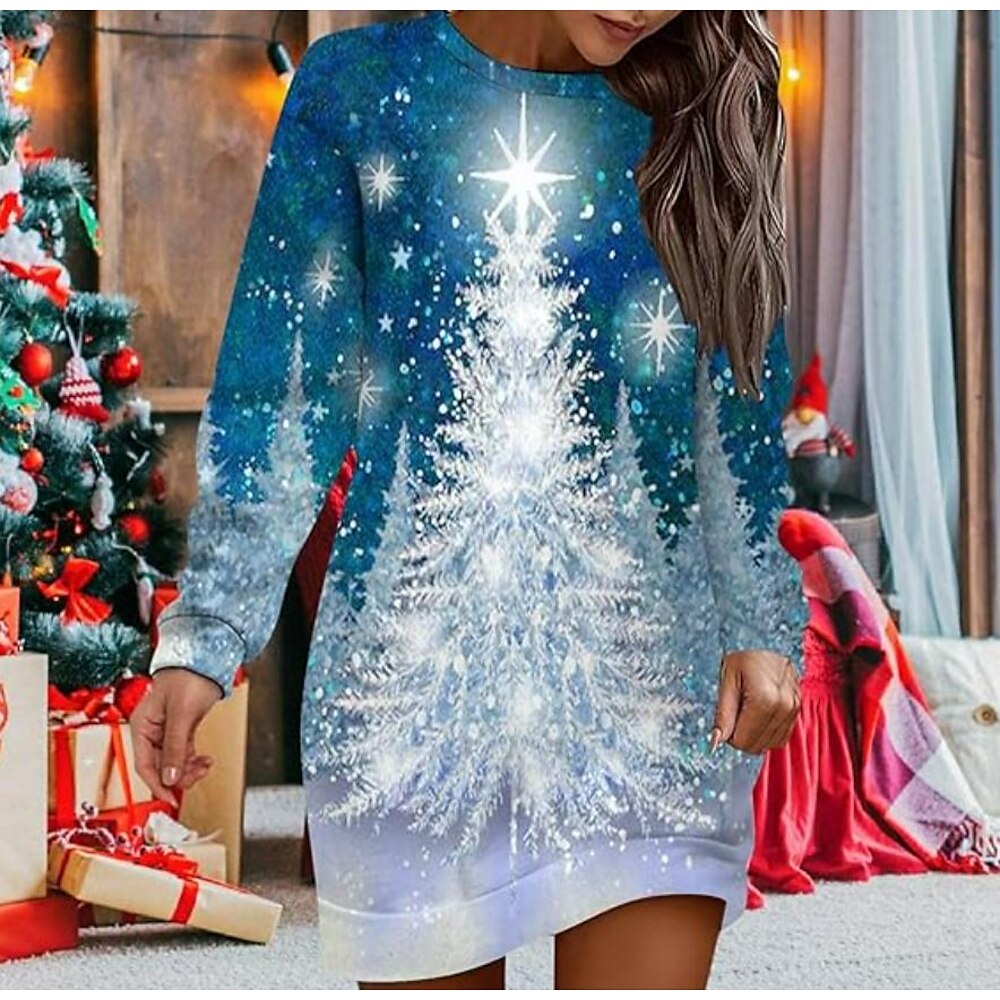 Weihnachtskleid für Damen, langärmelig, Weihnachtsbaum-Print, festlich, blau-weiß, Farbverlauf, lässige Partykleidung, bequeme Passform, Winterkleidung Lightinthebox