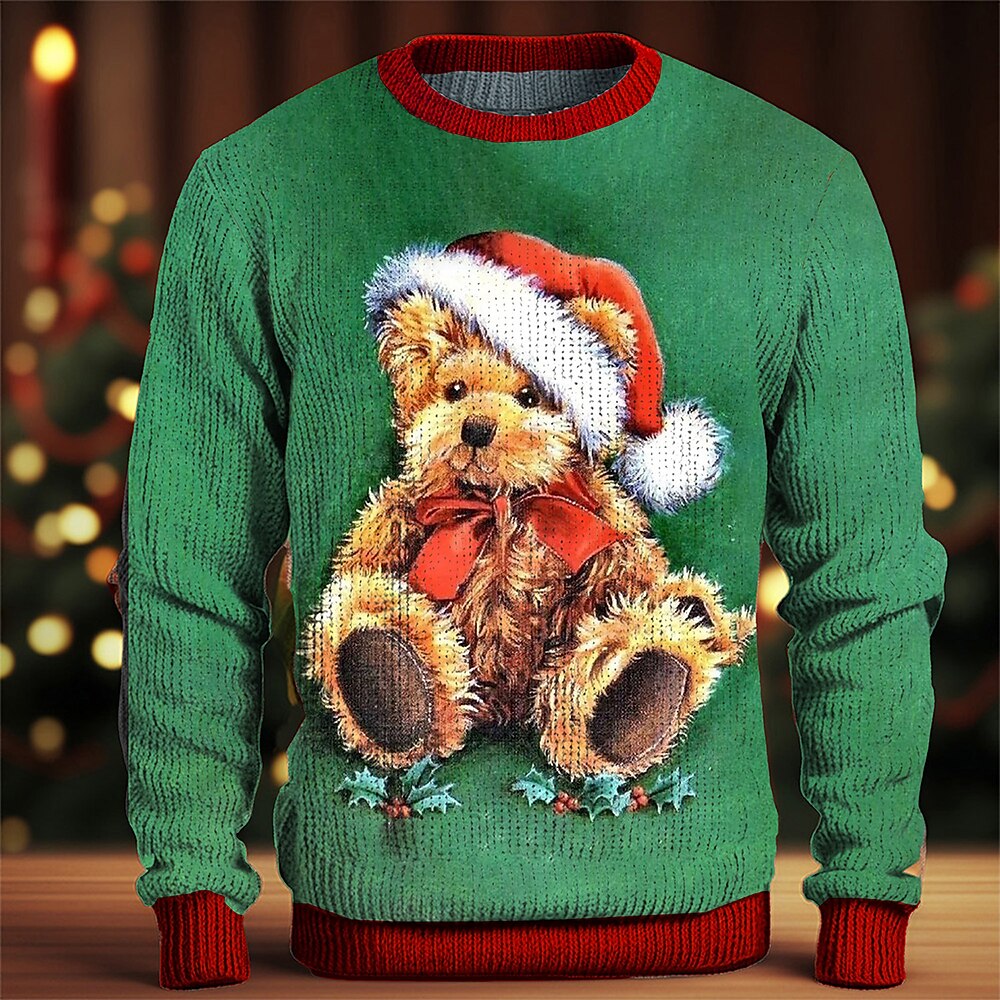 hässlicher Weihnachtspullover Herrenpullover Spielzeugbär Pullover Strickpullover Thermo Party Abend Silvester Langarm Rundhals Herbst Winter Reis Weiß Grün S M L Lightinthebox