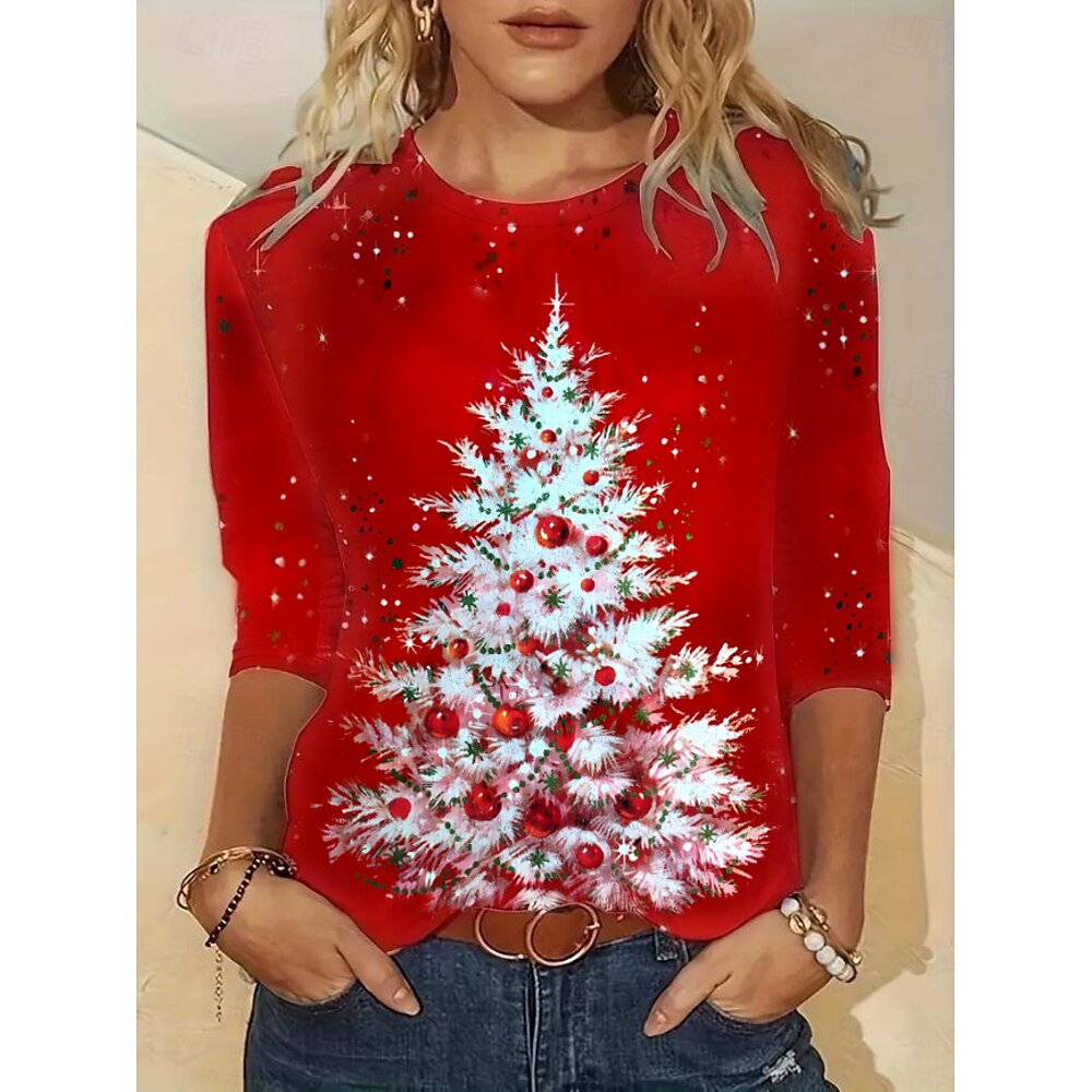 T-Shirt mit Weihnachtsbaum für Damen, langärmelig, Rundhalsausschnitt, rot, festlich, lässig, bequeme Passform, Partywear, saisonales Oberteil, Größen verfügbar Lightinthebox