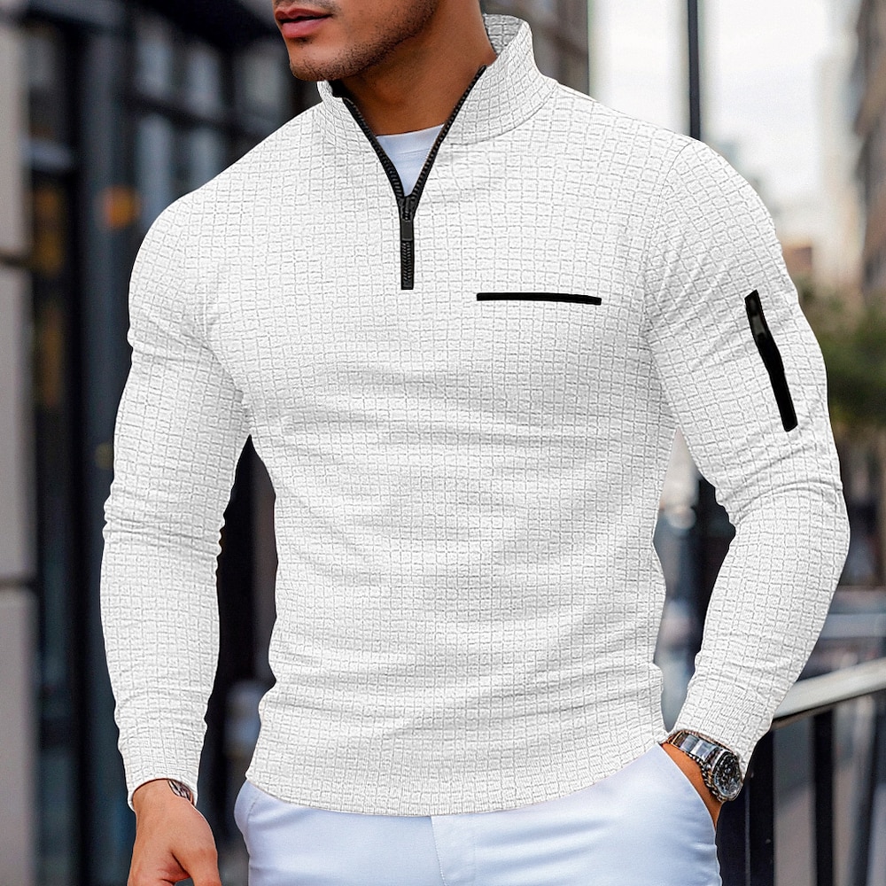 Herren Waffel-Poloshirt Pullover Sport Natur Freizeitskleidung Viertel Postleitzahl Langarm Modisch Komfortabel Farbblock Tasche Reißverschluss Frühling Herbst Jahreszeiten Regular Fit Schwarz Lightinthebox