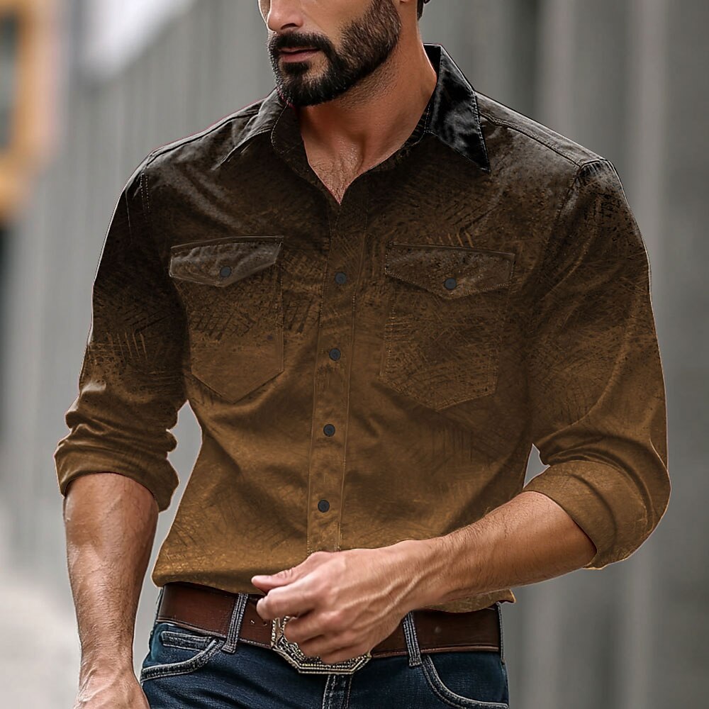 Herren Farbverlauf Cowboy Westernhemd Knopfhemd Cowboy-Shirt Langarm Brautkleider schlicht Formal Täglich Festtage Herbst Winter Frühling Sommer Umlegekragen Hemden mit Kragen Knopf hoch Tasche Lightinthebox