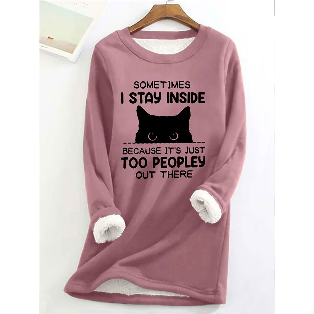 Damen-Sweatshirt, Pullover, Fleece-Futter, Katzen-/Buchstabenmuster, Street-Look, lässig, Teddy, flauschig, bequem, Rundhalsausschnitt, langärmeliges Oberteil, mikroelastisch, Lightinthebox