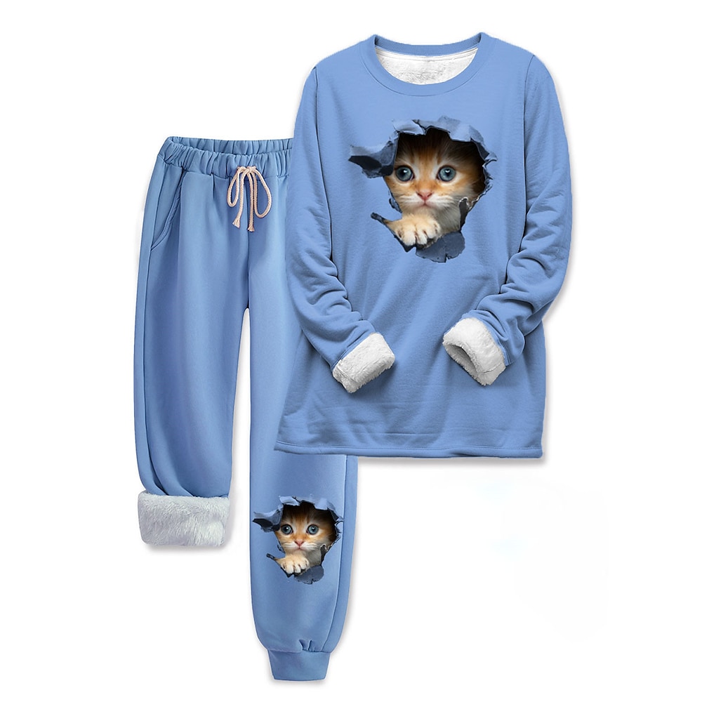 Flauschiges Pyjama-Set für Damen, langärmliges Oberteil und Hose mit Textdruck, bequem, lässig, Homewear, Kordelzug, einfarbig, gemütlich, für den Winter Lightinthebox