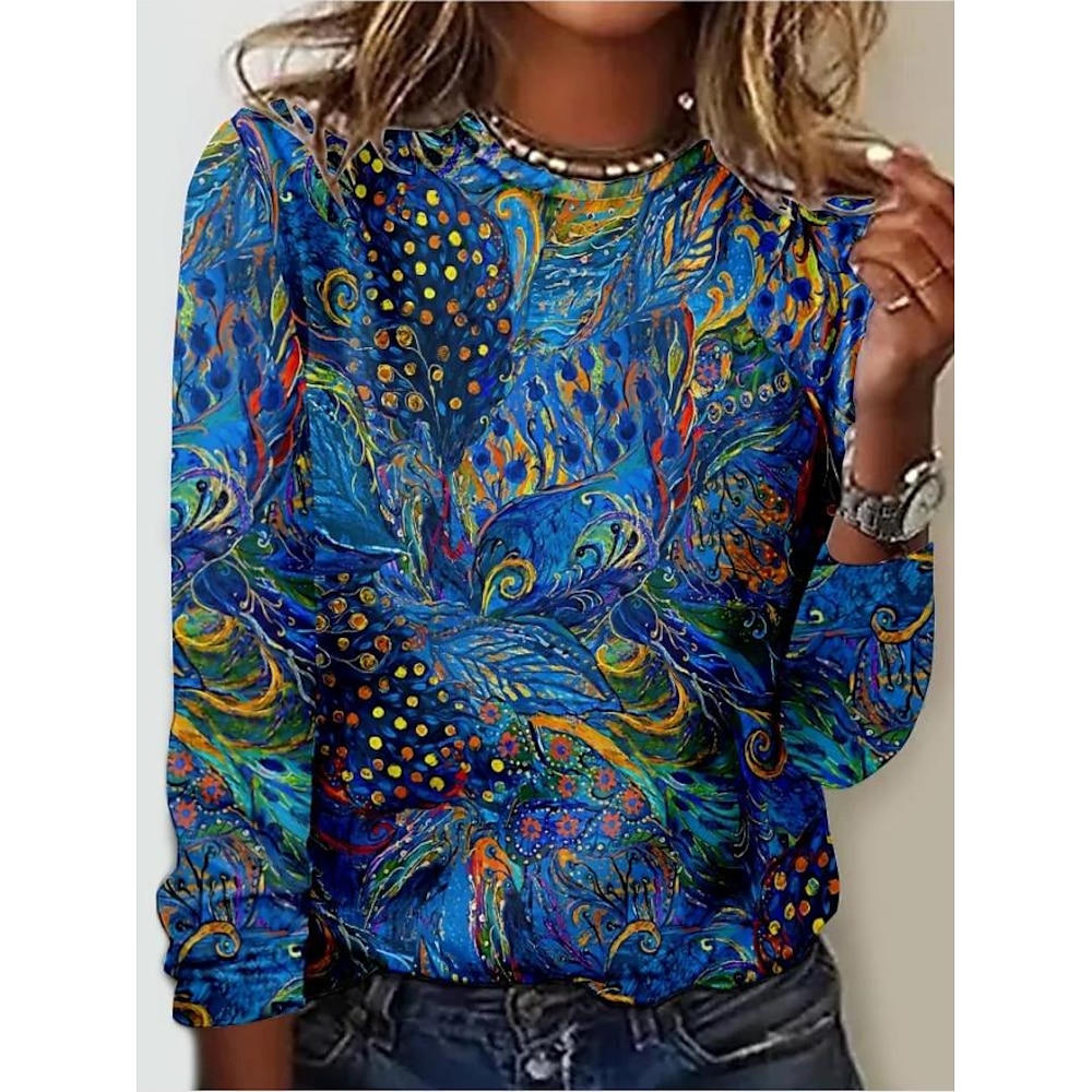 Damen Tunika Mode Casual Print Langarm Normal Oberteile Rundhals Alltag Blau Himmelblau Frühling Herbst Lightinthebox