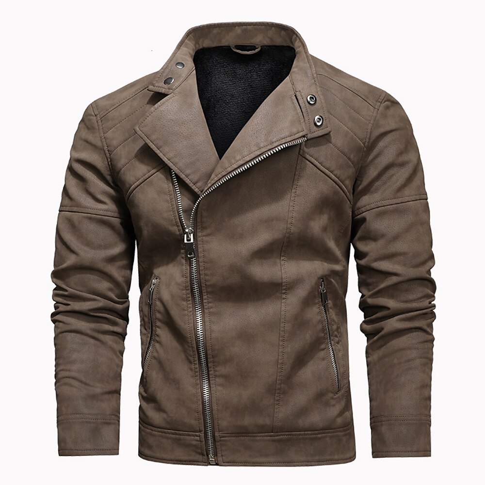 Herren Lederjacke Kunstlederjacke Motorrad Jacke Motorradjacke Täglich Urlaub Windundurchlässig warm halten Tasche Herbst Winter Glatt Modisch Klassisch Ständer Standard Schwarz Braun Khaki Jacken Lightinthebox