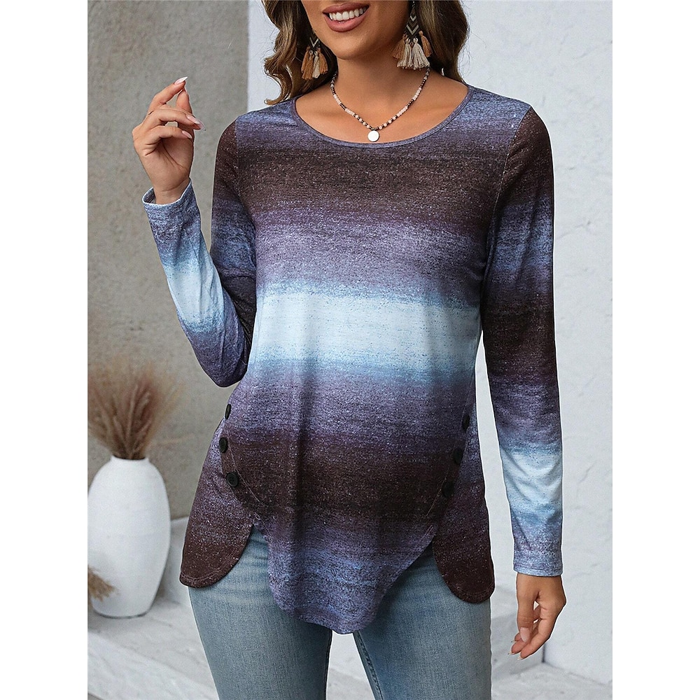 Damen T Shirt Brautkleider schlicht Bedruckt Langarm Normale Oberteile Rundhalsausschnitt Täglich Blau Frühling Herbst Lightinthebox