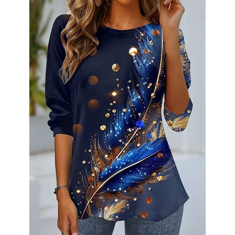 Damen T-Shirt Casual Print Langarm Normal Oberteile Rundhals Alltag Blau Lila Grün Frühling Herbst Lightinthebox