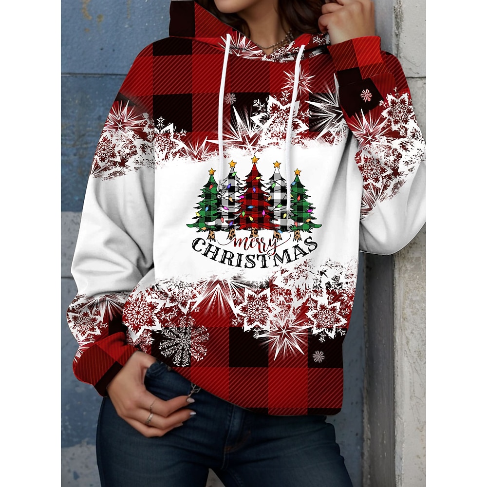 Damen Hoodie Sweatshirt Kapuze Polyester Plaid Weihnachtsbaum Weihnachten Strasse Tasche Bedruckt Brautkleider schlicht Kapuzenpullover Langarm Mikro-elastisch Herbst Winter Lightinthebox