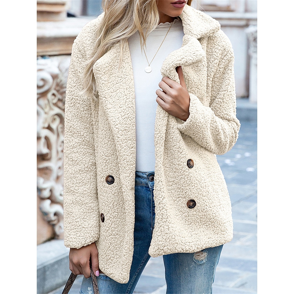 Damen Fleecejacke Teddy-Mantel warm halten Atmungsaktiv Innenfutter aus Fleece Brautkleider schlicht Glatt Urlaub Strasse Freizeitskleidung Ausgehen Doppelreihiger Verschluss Standard Umlegekragen Lightinthebox