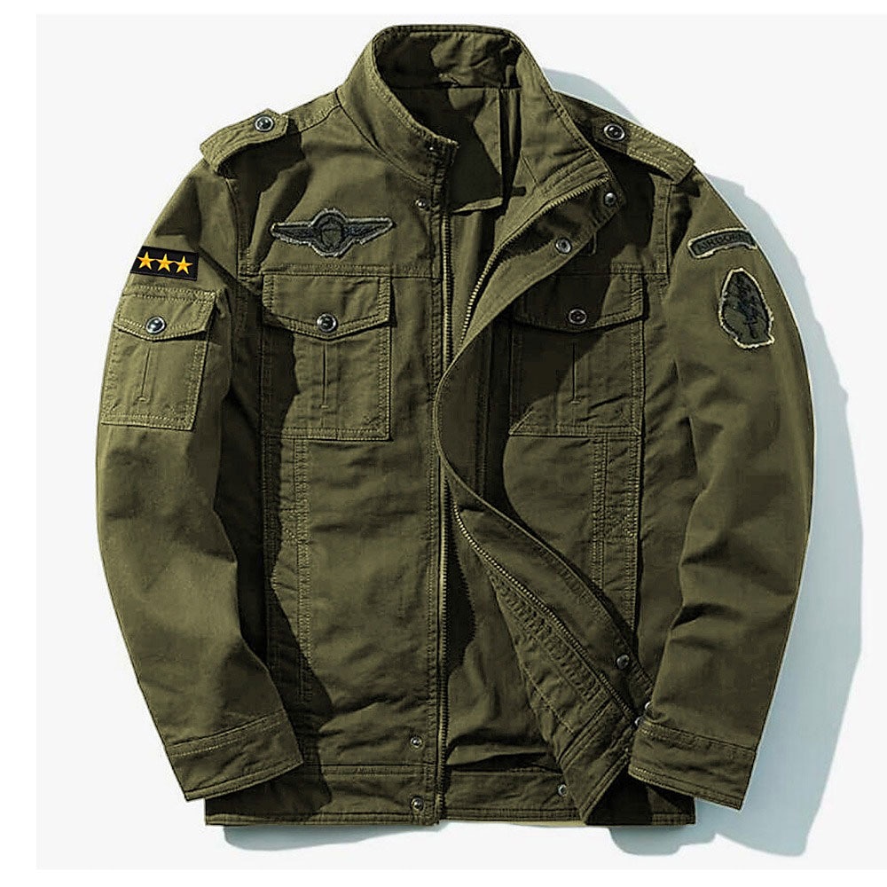 Herren-Militärjacke aus Baumwolle mit Stickerei, Cargo-Jacke mit Schulterriemen, langen Ärmeln, Stehkragen, mehreren Taschen, Mantel, Trucker-Jacke, Sternendruck, taktische Oberbekleidung Lightinthebox