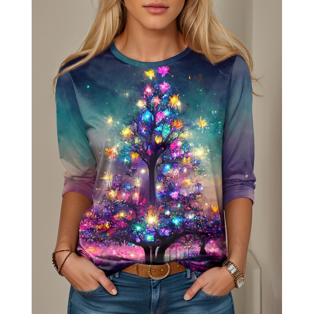 Weihnachtsshirt Damen T Shirt Polyester Weihnachtsbaum Weihnachten Weihnachten Langarm Rundhalsausschnitt Purpur Frühling, Herbst, Winter, Sommer Lightinthebox