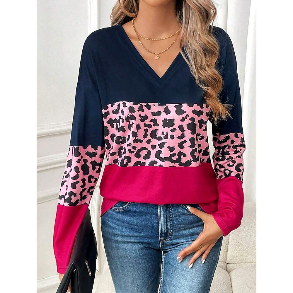 Damen T Shirt Brautkleider schlicht Leopard Gestreift Normale Oberteile Langarm Rundhalsausschnitt Bedruckt Regular Fit Täglich Fuchsie Frühling Herbst Lightinthebox