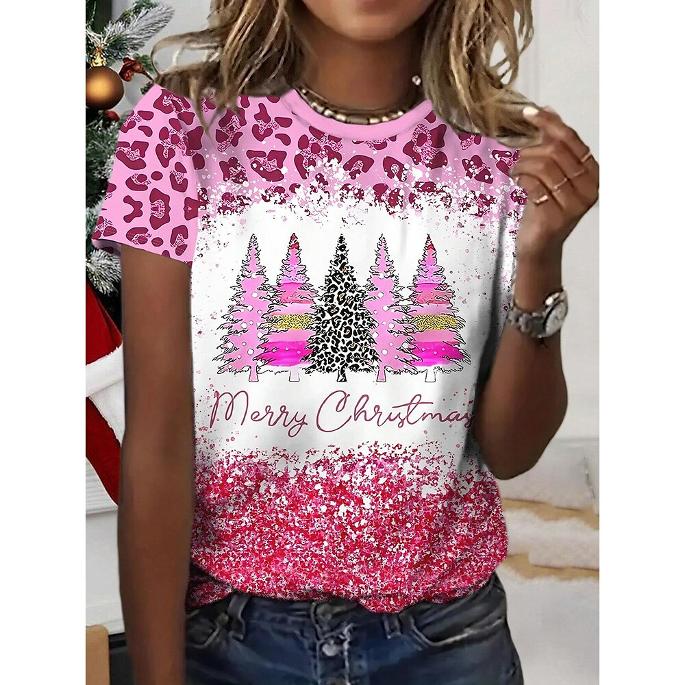 Weihnachts-T-Shirt für Damen, festliches Urlaubsoberteil, rosa Bäume, Leopardenmuster, Glitzer, fröhlich, lässig, Rundhalsausschnitt, kurze Ärmel, bequeme Passform, Winterkleidung, mehrere Größen Lightinthebox