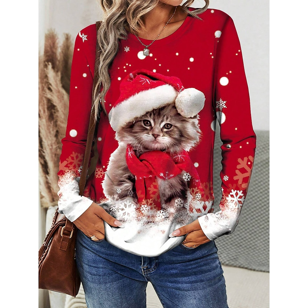 Weihnachts-T-Shirt für Damen, langärmelig, mit Katzen-Aufdruck, Rundhalsausschnitt, rot-weißes Farbverlauf-Schneeflocken-Design, lässiges, festliches Winter-Oberteil in mehreren Größen Lightinthebox