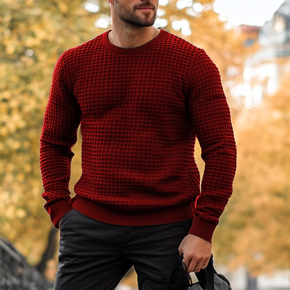 Herren Pullover Waffel Stricken Kabel Feste Farbe Rundhalsausschnitt Elegant Vintage Formal Heim Bekleidung Bischof Herbst Winter Wein Schwarz S M L Lightinthebox