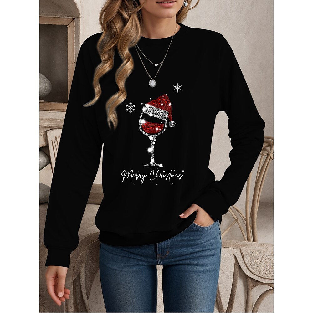 Weihnachts-Sweatshirt für Damen, langärmelig, Weihnachtsmann, Weinglas, Grafik, schwarz, rot, weiß, Glitzer, Winterurlaub, lässig, gemütlich, warm, Kleidung Lightinthebox