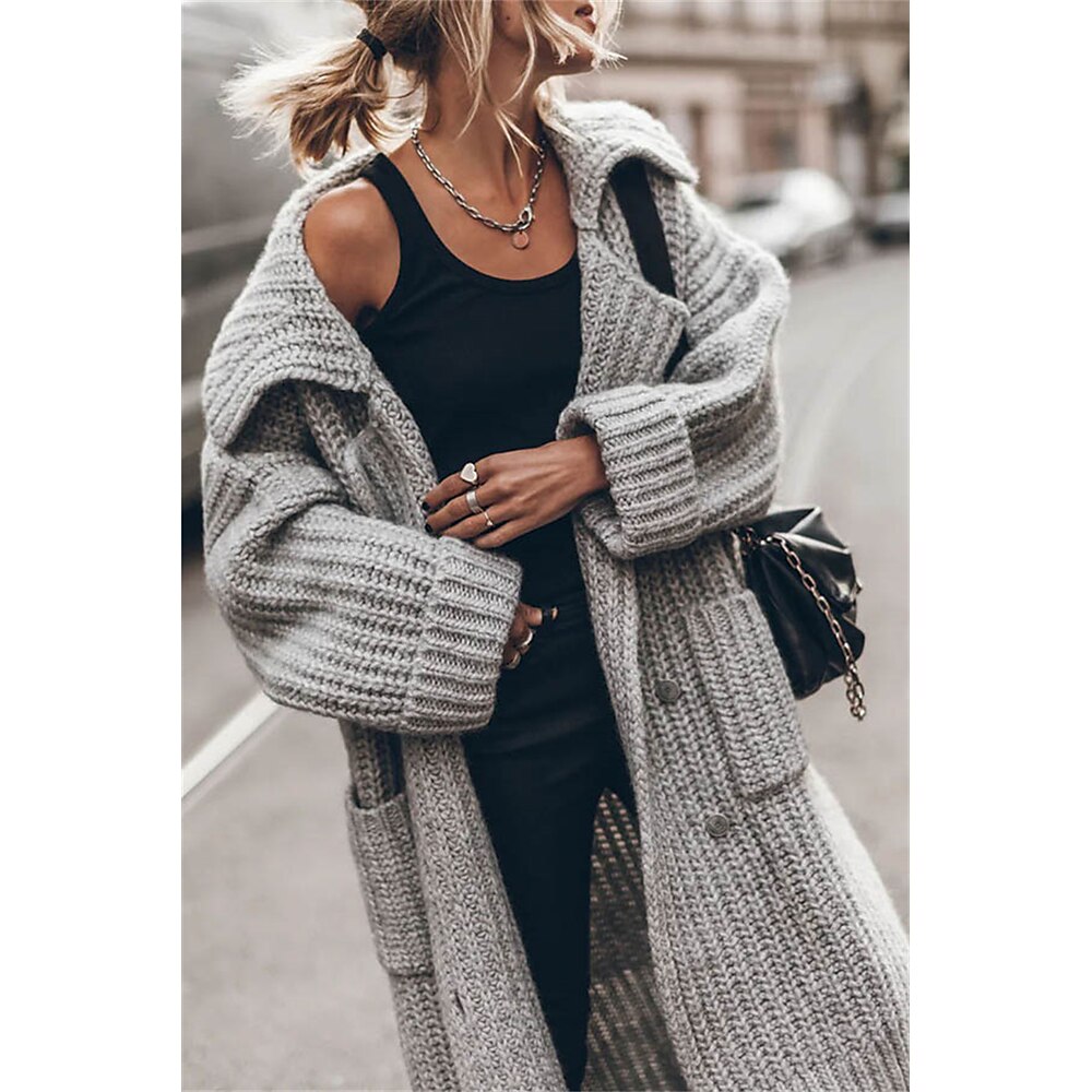 Damen Übergroßer Cardigan Grober Cardigan Öffnung vorne Stricken Strick Herbst Winter Lang Arbeit Strassenmode Täglich Brautkleider schlicht Langarm Feste Farbe Schwarz Grau S / M L / XL Lightinthebox