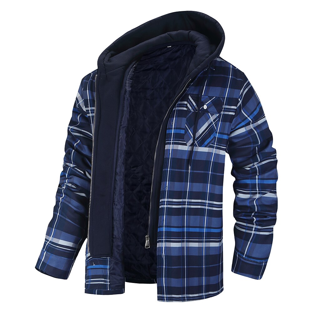 Herren Hemdjacke Winterjacken Hütte Kariert / Gestreift / Chevron Freizeitskleidung Urlaub Schwarz Rote Marineblau Königliches Blau Langarm Mit Kapuze Herbst Winter Bekleidung Lightinthebox