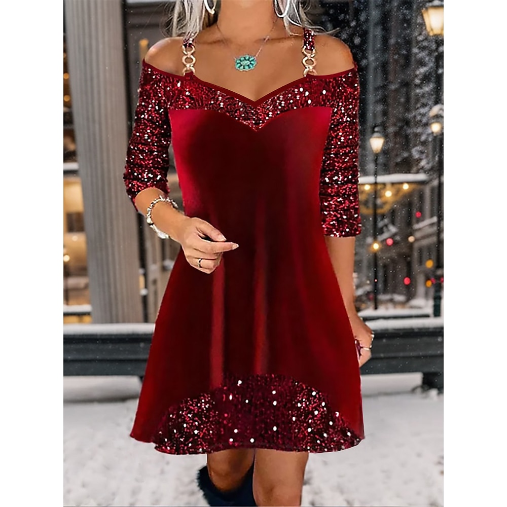 Weihnachtskleid aus Samt für Damen, Minikleid aus Baumwolle, kalte Schulter, Party, Date, Streetwear, V-Ausschnitt, lange Ärmel, Weinrot, Gold, Grün Lightinthebox