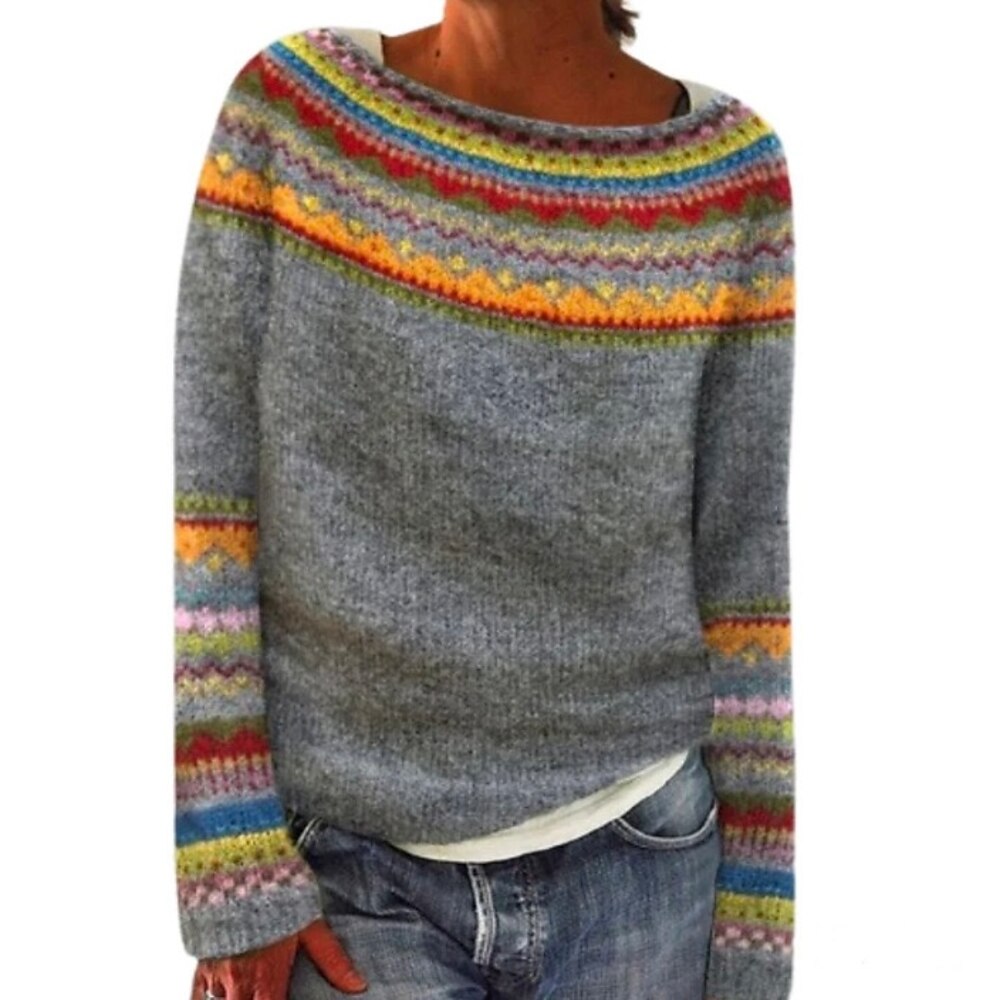 Gestreifter Pullover für Damen, Rundhalsausschnitt, gestrickt, Herbst/Winter, täglich, lässig, langärmelig, geometrisch, weiß, Regenbogen Lightinthebox