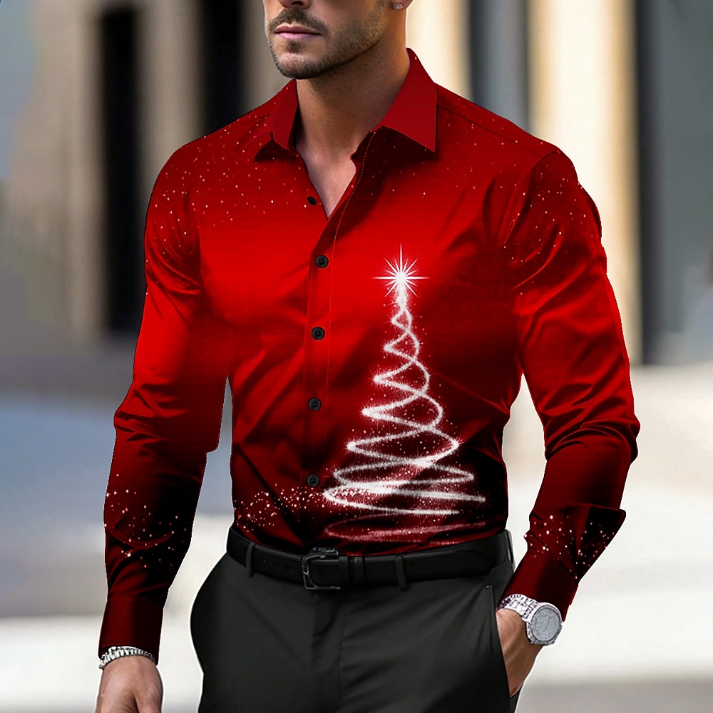 Weihnachtshemden für Herren mit Weihnachtsbaum-Aufdruck, glitzernd, legere Kleidung, zum Zuknöpfen, lange Ärmel, Silvester, Party, Abend, Alltag, Herbst, Winter, Frühlingamp;Sommerkragen mit Lightinthebox