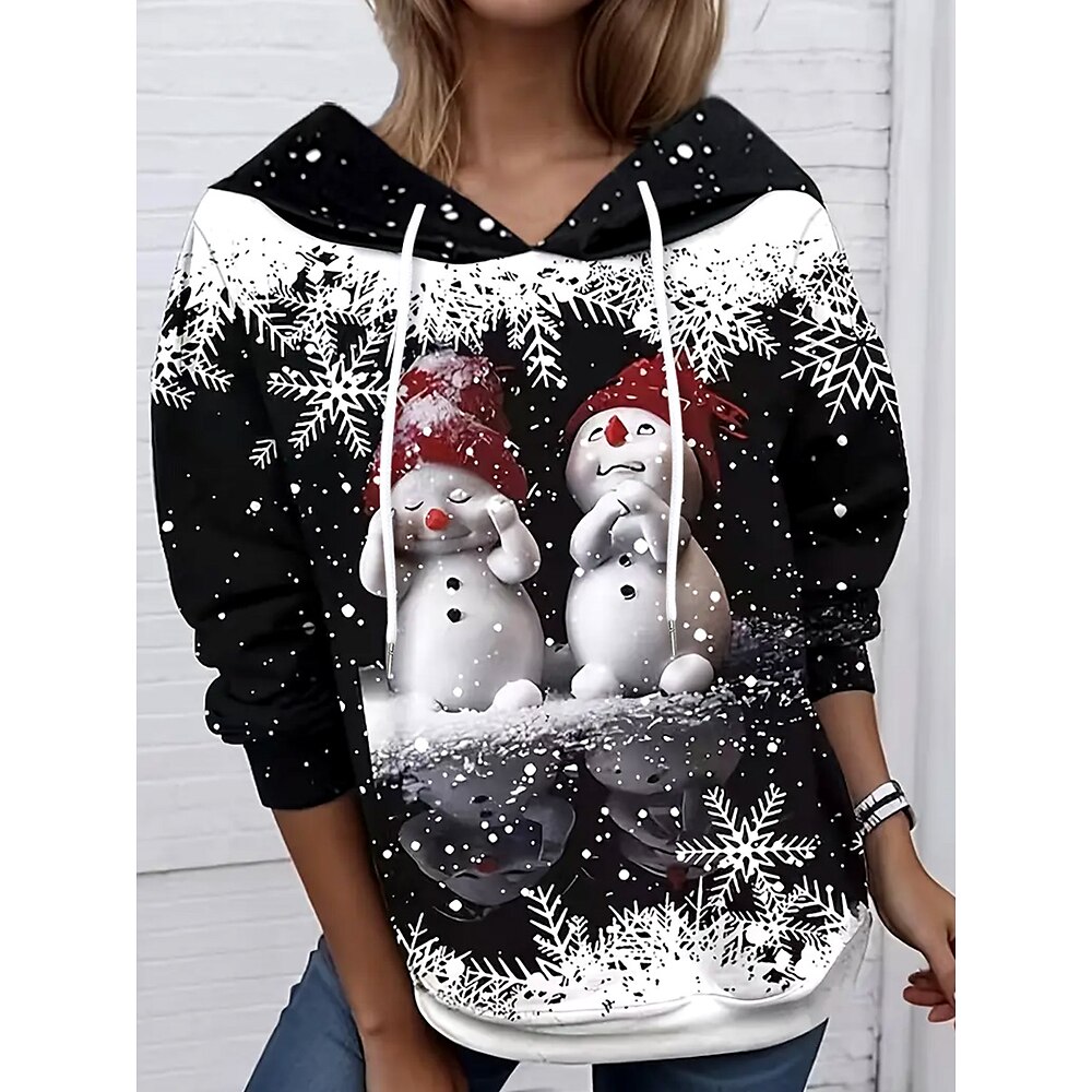 Damen Kapuzenpullover Schneemann Print Langarm Kängurutasche Kordelzug Kapuze lässig Wintermode schwarz weiß rot saisonale Grafik festlich Lightinthebox