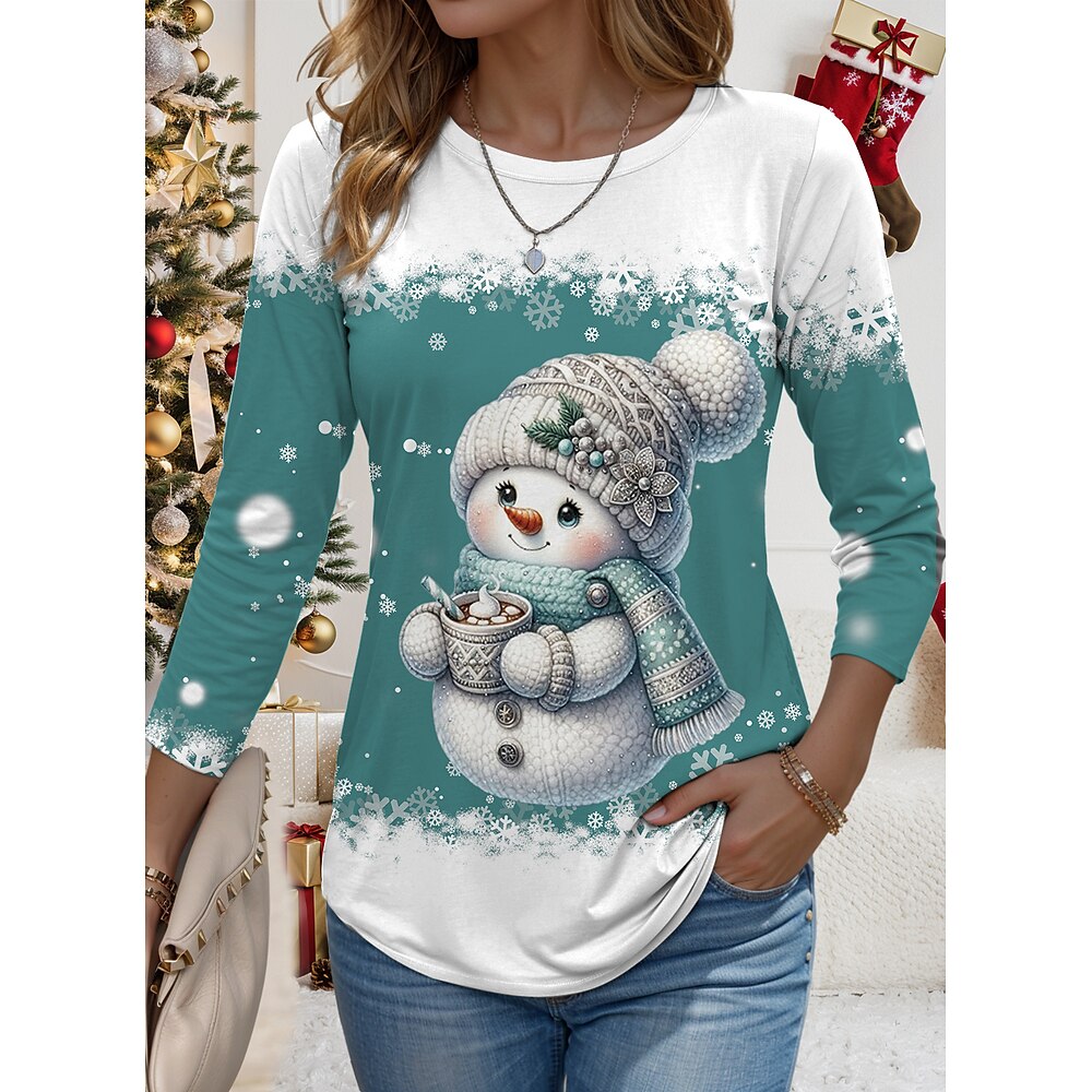 Damen Baseball T-Shirt festlicher Schneemann Print Langarm Winterurlaub Casual Top weiß grün Weihnachtszeit Stretch entspannte Passform Kleidung Lightinthebox