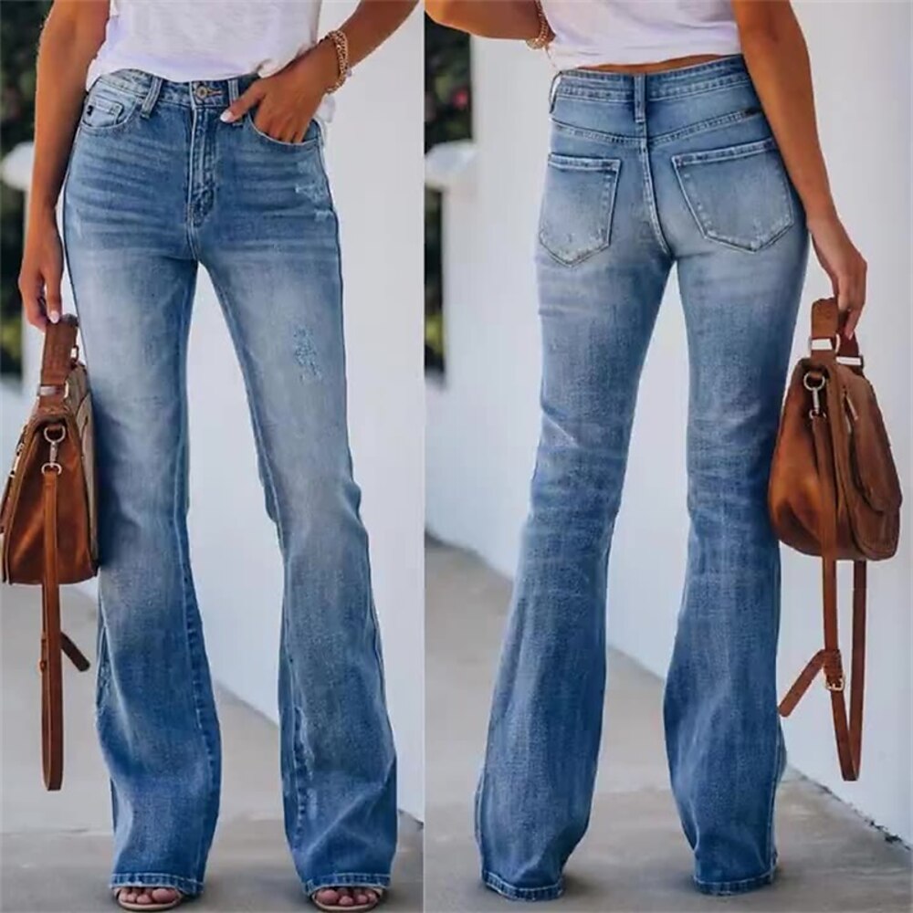 Damen Normal Jeans Glockenboden Strassenmode Stilvoll In voller Länge Mittlere Taillenlinie Feste Farbe Mode Bequem Atmungsaktivität Draussen Mikro-elastisch B¨¹ro Strasse Casual Blau Frühling Lightinthebox