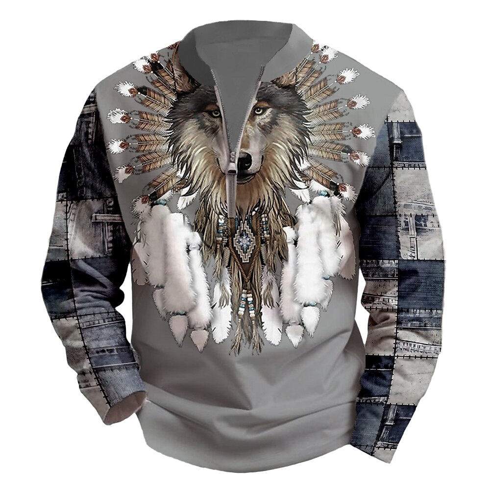 Silvester Herren Geometrisch Wolf Gitter Langarm T-Shirt Print Stehkragen Hemd Modisch Täglich Outdoor Casual Täglich Grau Frühling Herbst Winter Bekleidung Normal S M L XL XXL XXXL Lightinthebox