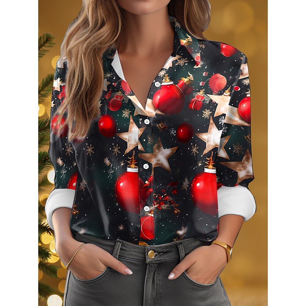 Weihnachtsbluse für Damen, festlicher Druck, lange Ärmel, Reverskragen, Urlaub, Party, lässiges Oberteil, Winter, normale Passform, mehrfarbig Lightinthebox