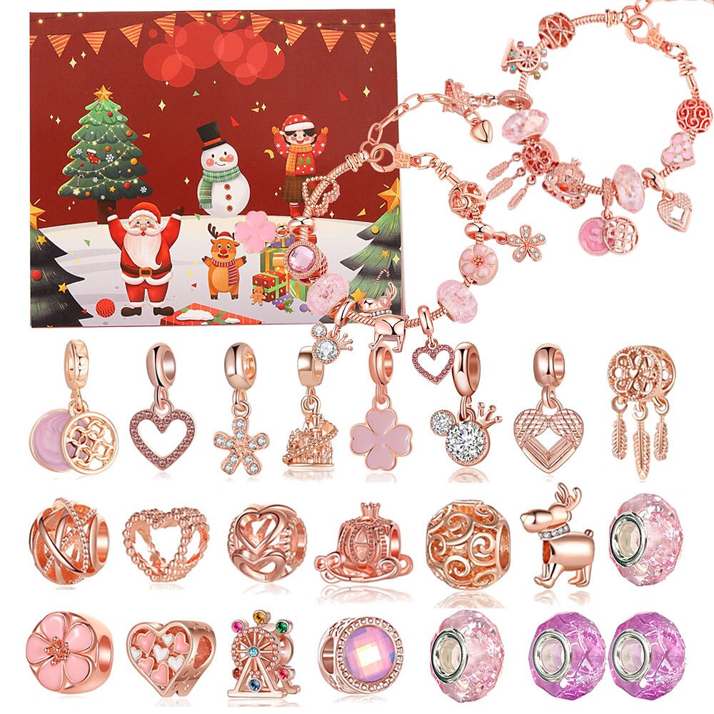 Weihnachts-Adventskalender, rosa Armbänder 2024 für Mädchen, 24-Tage-Weihnachts-Countdown-Kalender, DIY-Schmuckherstellungsset, Geschenk, 22 Charm-Perlen, 2 Armbänder für Kinder, Teenager, Frauen Lightinthebox