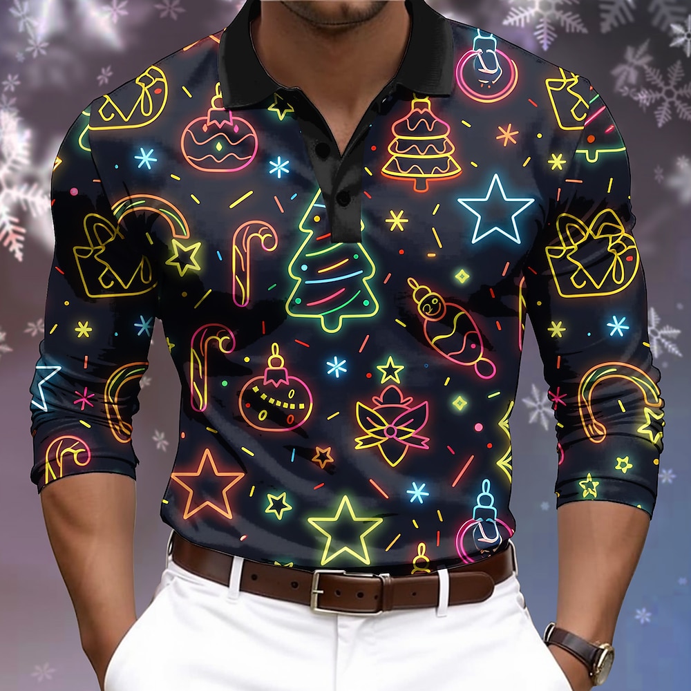 Weihnachten Herren Stern Weihnachtsbaum Poloshirt Golfpolo Langarm Polo-Shirts Kragen Brautkleider schlicht Partyabend Alltagskleidung Urlaub Taste 3D-Druck Schwarz Lightinthebox