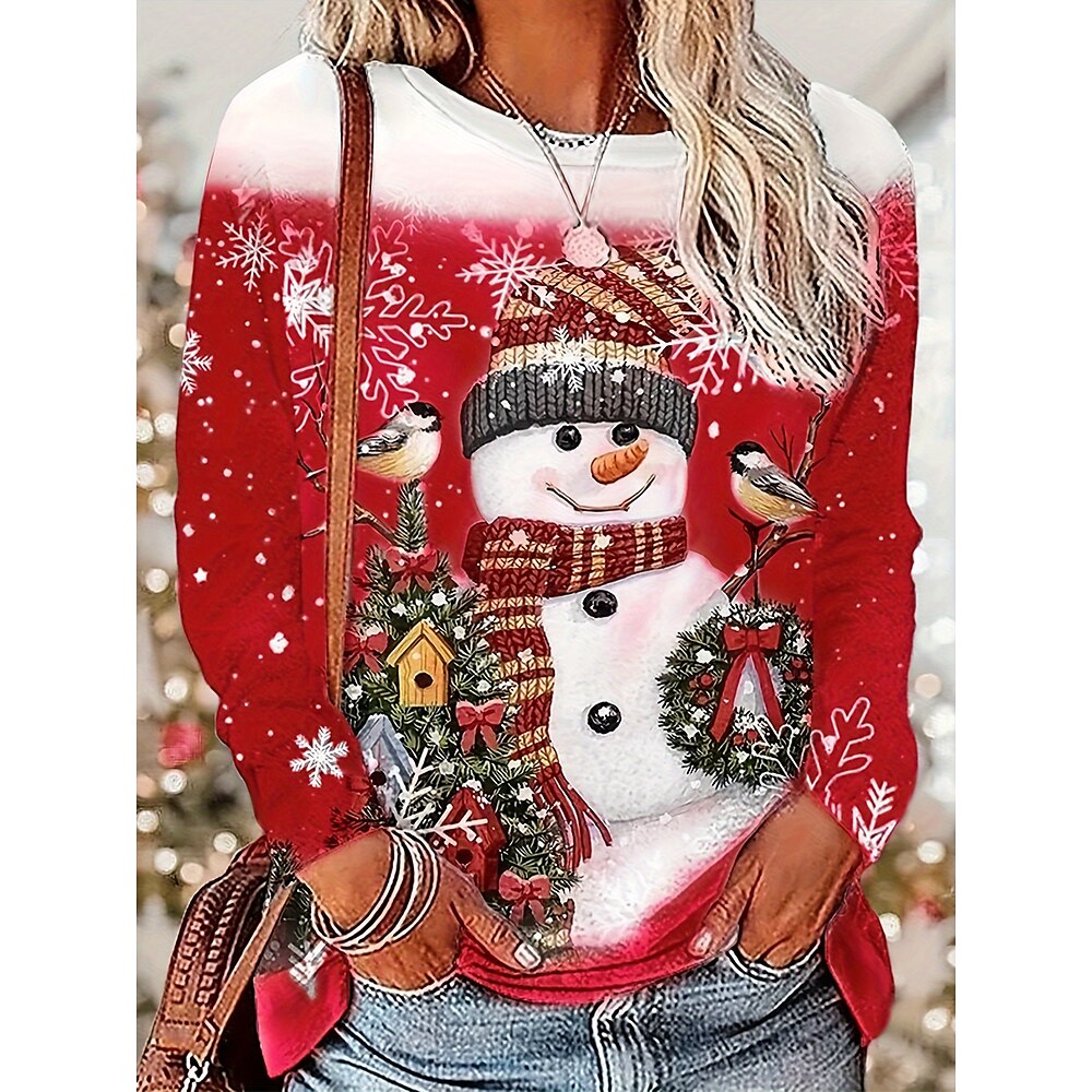 Weihnachts-T-Shirt für Damen, langärmelig, Schneemann, Vogel-Aufdruck, lässiges Oberteil mit rot-weißer Schneeflocke, Winterkomfort, weiche Passform, festliche Jahreszeit, Bekleidung in verschiedenen Lightinthebox