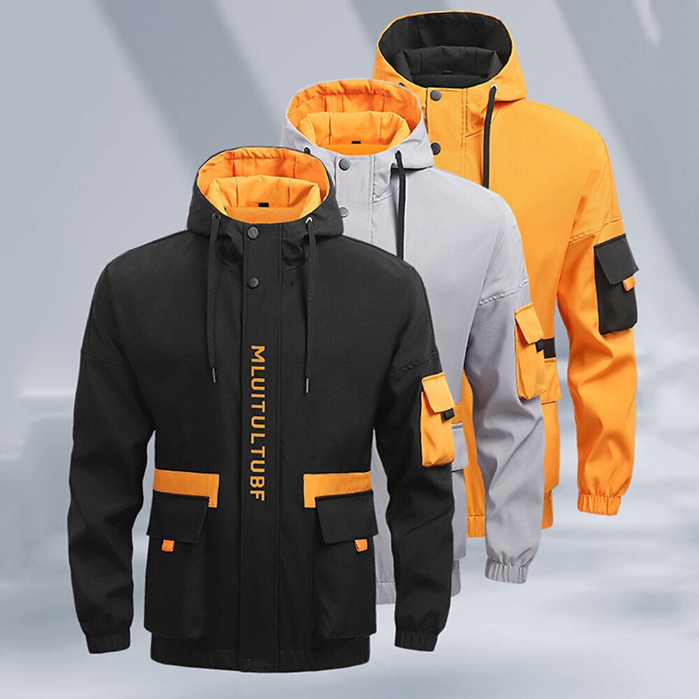 Herren Outdoorjacke Hoodie Jacke Täglich Urlaub Windundurchlässig Wasserdicht Tasche Frühling Herbst Farbblock Buchstabe Modisch Klassisch Mit Kapuze Standard Schwarz Gelb Grau Jacken Lightinthebox