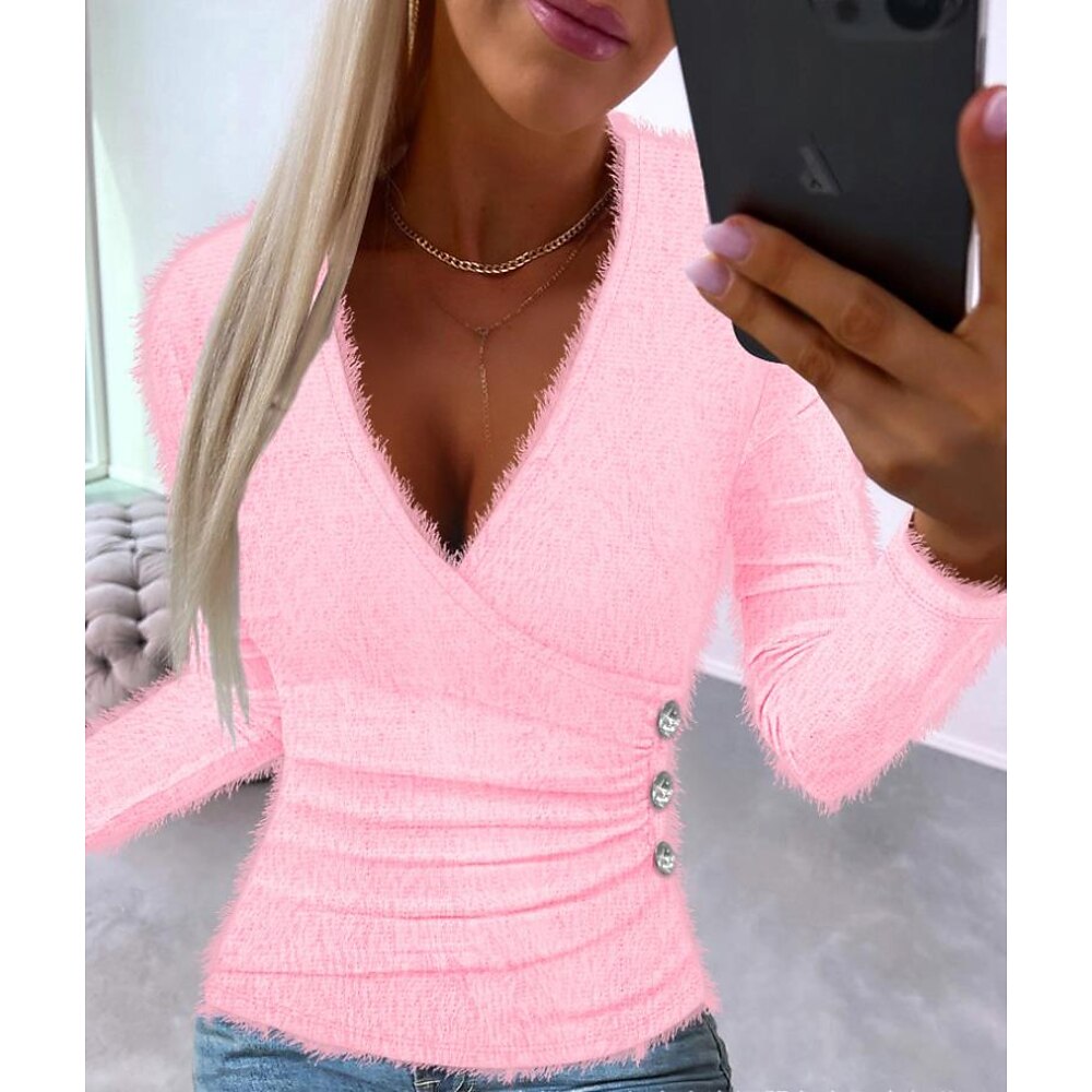 Damen Pullover V Ausschnitt Gerippt Stricken Polyester Kreuz und quer Strick Herbst Winter Lang Täglich Festtage Ausgehen Modisch Strassenmode Täglich Langarm Feste Farbe Rosa S M L Lightinthebox