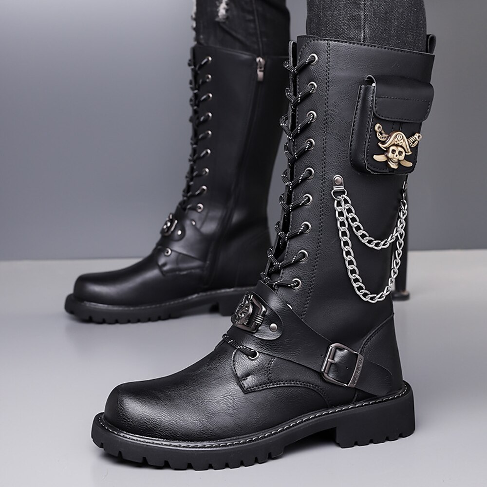 Gothic-Motorradstiefel mit Totenkopf für Herren - schwarze Schnürstiefel aus Kunstleder mit Metallkette und seitlichem Reißverschluss für den Biker- und Steampunk-Stil Lightinthebox