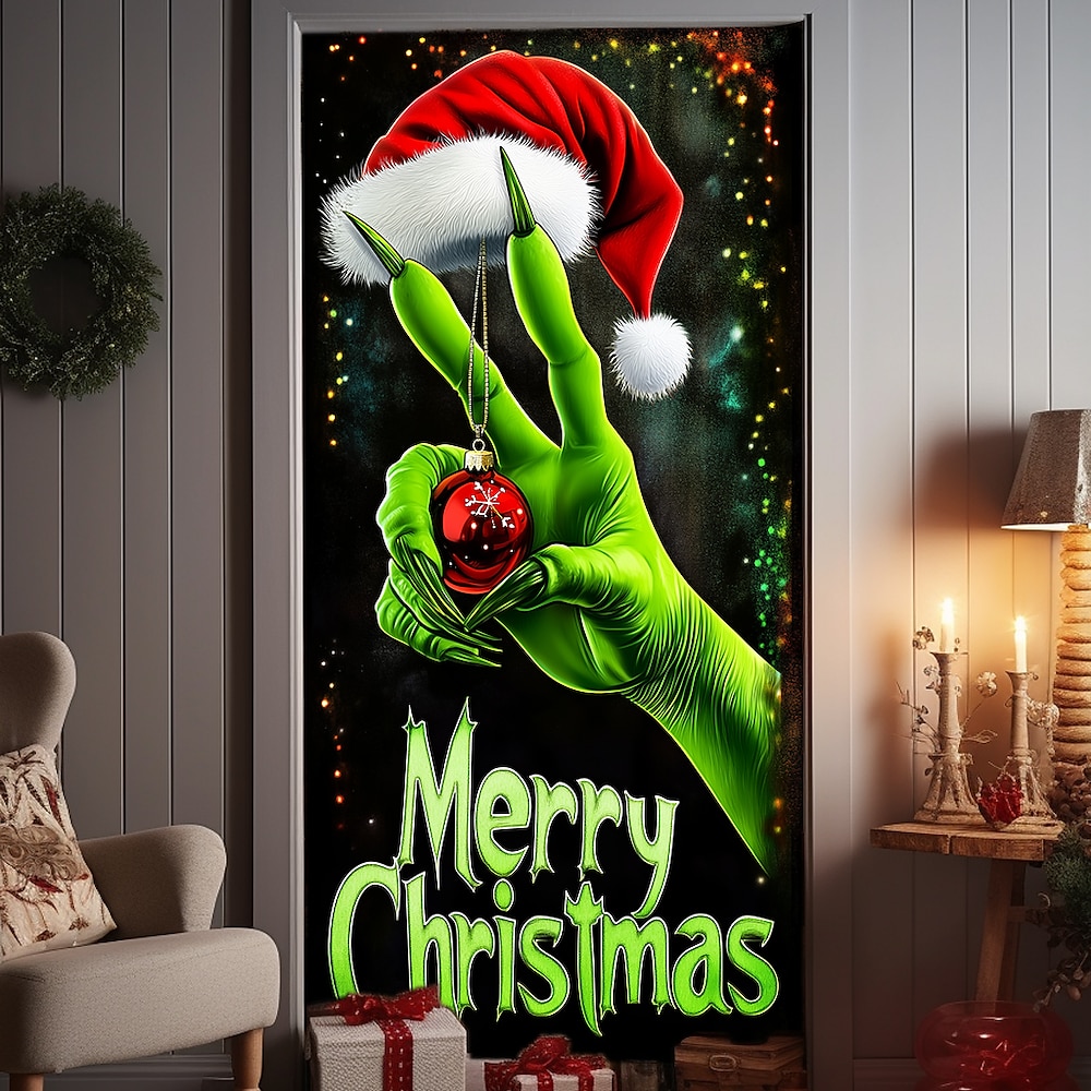 Weihnachtstürdekorationen, Türabdeckungen, Weihnachtsmütze, Türteppich, Türvorhang, Dekorationskulisse, Indoor-/Outdoor-Banner für die Haustür, Bauernhaus, grünes Monster Lightinthebox