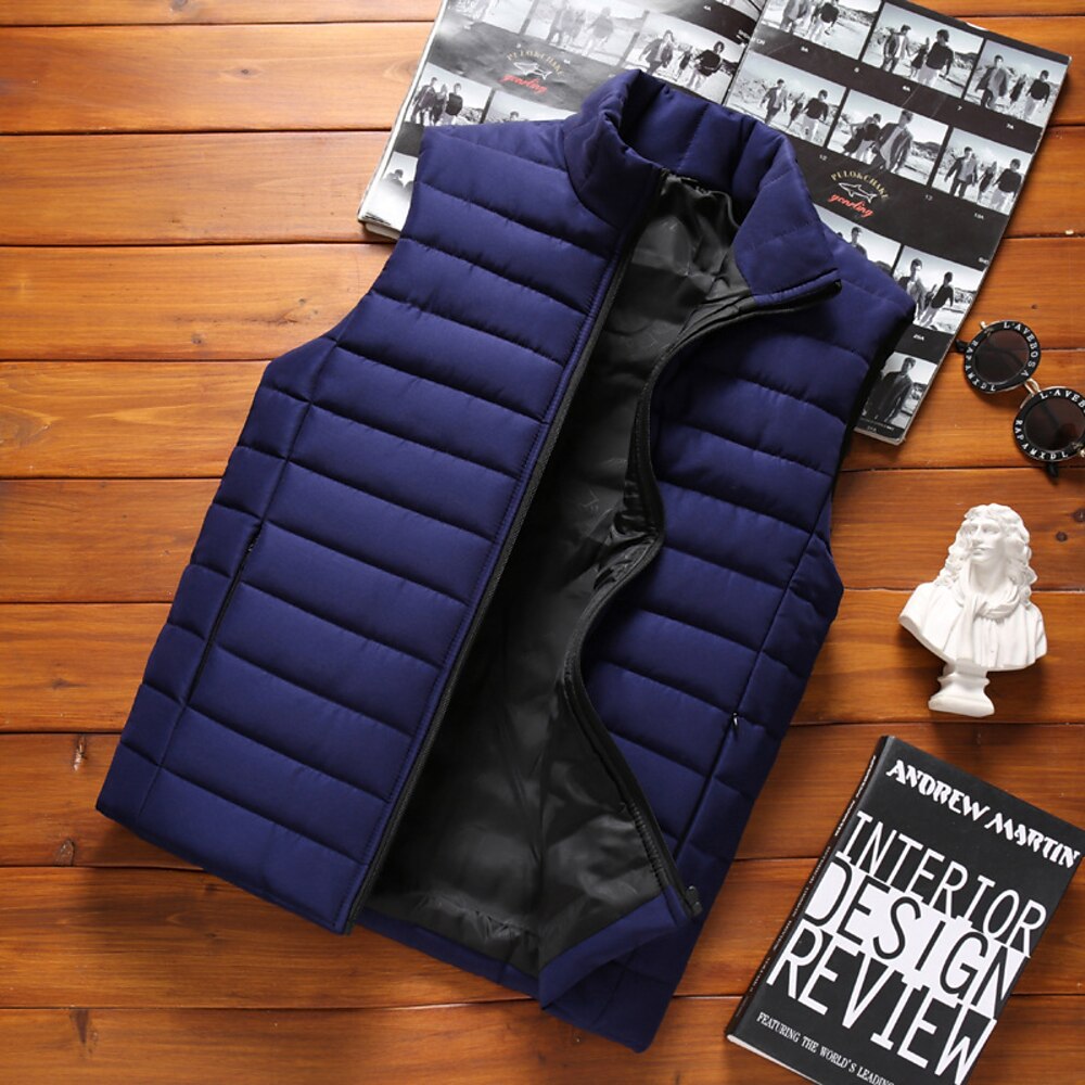 Herren Puffer Weste Steppweste Täglich Verabredung Urlaub Modisch Brautkleider schlicht Herbst Winter Tasche Polyester warm halten Komfortabel Feste Farbe Reisverschluss Ständer Regular Fit Schwarz Lightinthebox