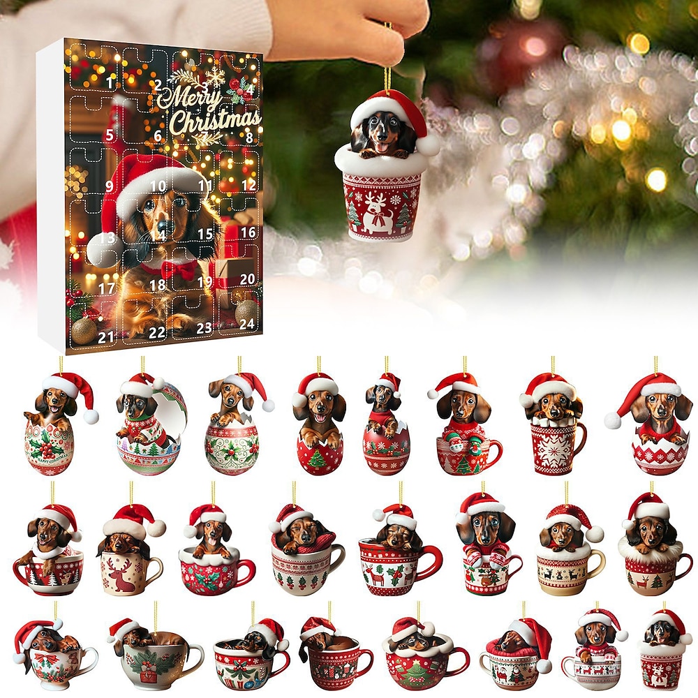 2024 Weihnachts-Adventskalender, 2D-Acryl-Ornament, Dackel-Ornament, Advents-Countdown-Kalender, Sammlerstück, lustiger Hunde-Set-Anhänger, 24 Tage Weihnachts-Adventskalender Lightinthebox