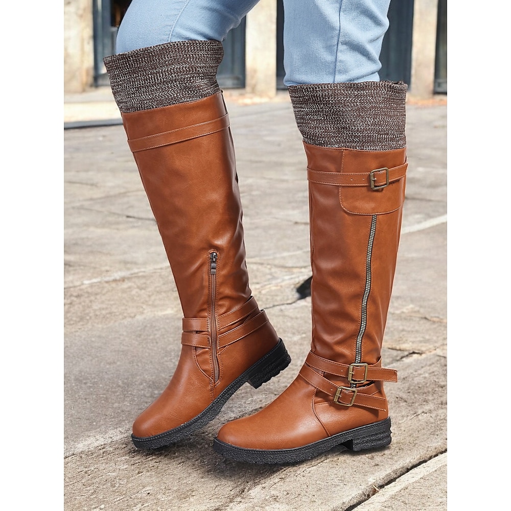 braune kniehohe Kunstlederstiefel für Damen mit Strickbund und Schnallenriemen - lässige Winterreitstiefel Lightinthebox