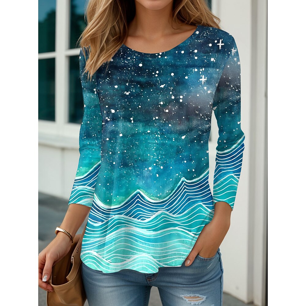 Damen T Shirt Farbverlauf Brautkleider schlicht Langarm Rundhalsausschnitt Normale Oberteile Täglich Bedruckt Blau Frühling Herbst Lightinthebox