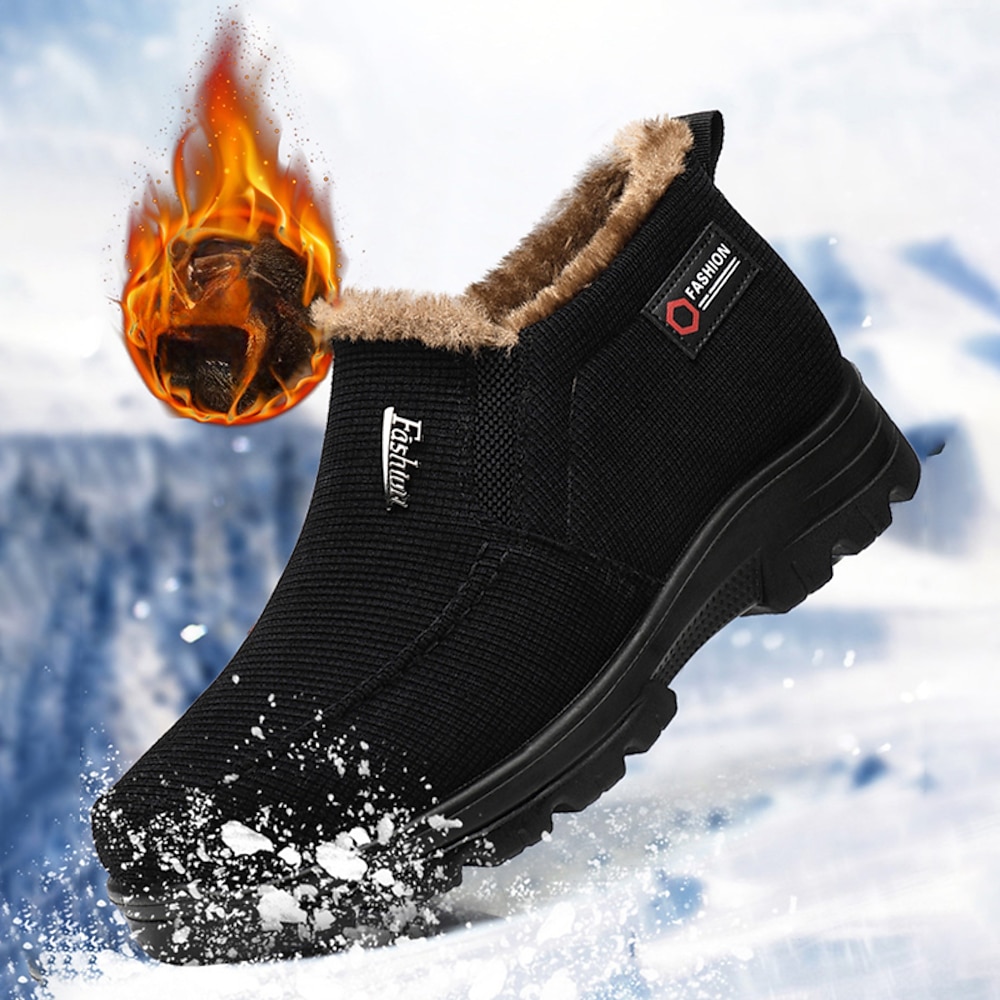 Schwarze warme Winter-Schlupfstiefeletten für Herren mit plüschigem Fellfutter, rutschfester Sohle und strukturiertem Stoff - bequemes Outdoor-Schuhwerk Lightinthebox