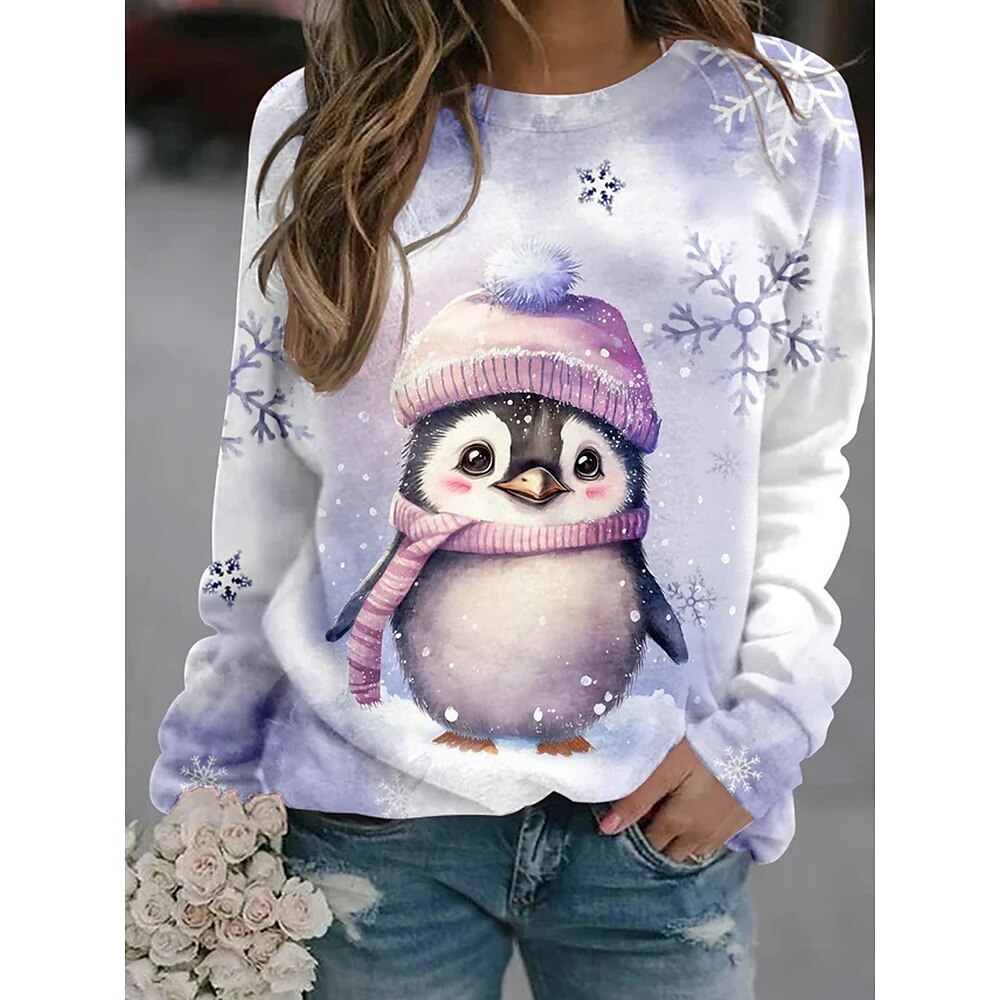 Langarm-Sweatshirt für Damen mit Baby-Pinguin-Aufdruck, gemütlich, winterlich, festlich, lila, lässig, Urlaub, Rundhalsausschnitt, bequeme Passform Lightinthebox