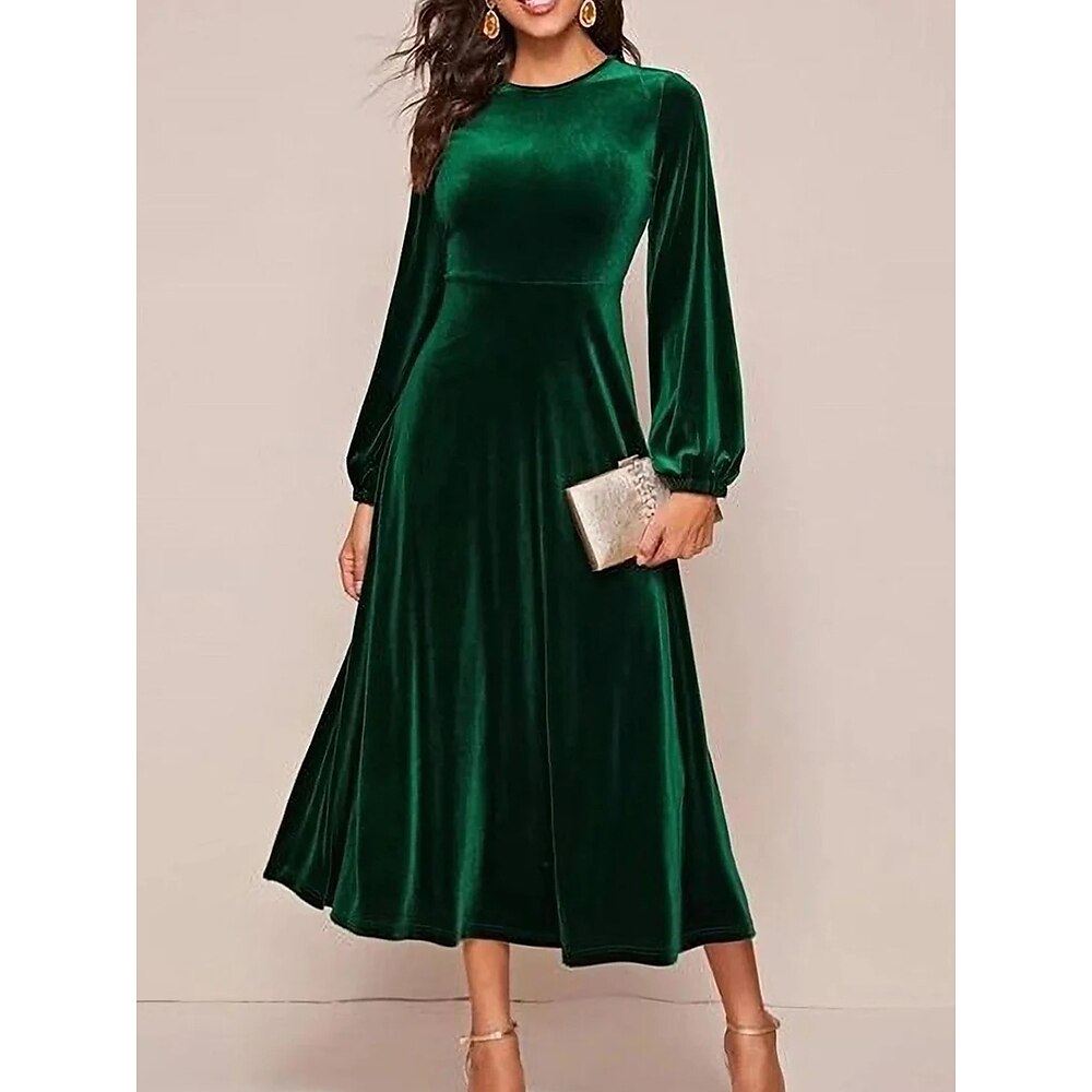 Damen Samtkleid Rundhals Langarm ausgestellt Midi grün elegant Urlaub Party Abendessen formeller Anlass verschiedene Größen Lightinthebox