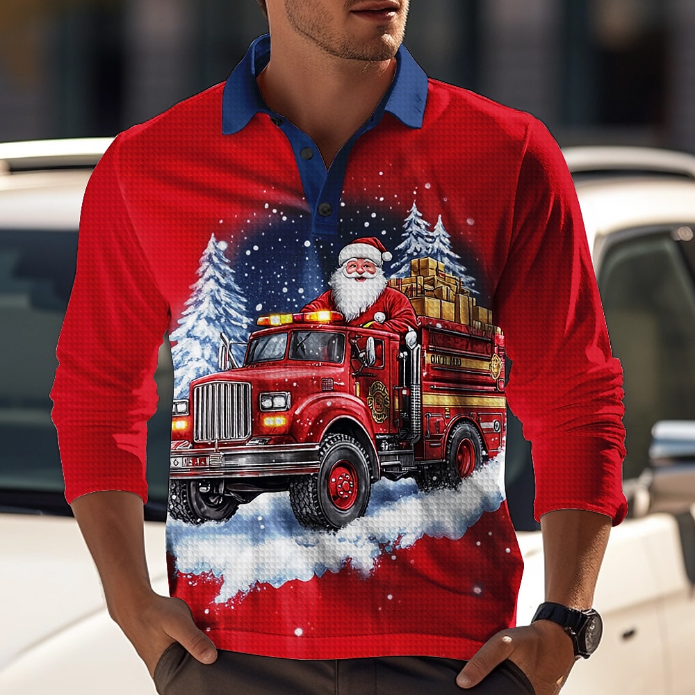 Weihnachten Herren Santa Claus 3D Polo Santa Claus Casual Waffel Langarm Party Abend Alltagskleidung Urlaub Frühling Herbst Winter Knopf 3D Druck Kragen Rot Mikroelastisches Polyester Lightinthebox